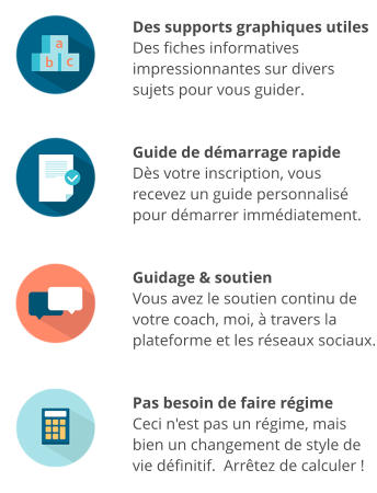 Des supports graphiques utiles Des fiches informatives impressionnantes sur divers sujets pour vous guider.   Guide de démarrage rapide Dès votre inscription, vous recevez un guide personnalisé pour démarrer immédiatement.   Guidage & soutien Vous avez le soutien continu de votre coach, moi, à travers la plateforme et les réseaux sociaux.   Pas besoin de faire régime Ceci n'est pas un régime, mais bien un changement de style de vie définitif.  Arrêtez de calculer !